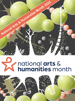 Collage on a dark brown background of green and pink balls of varying sizes and white and tan palm tree outlines. It features the text 'national arts and humanities month.'